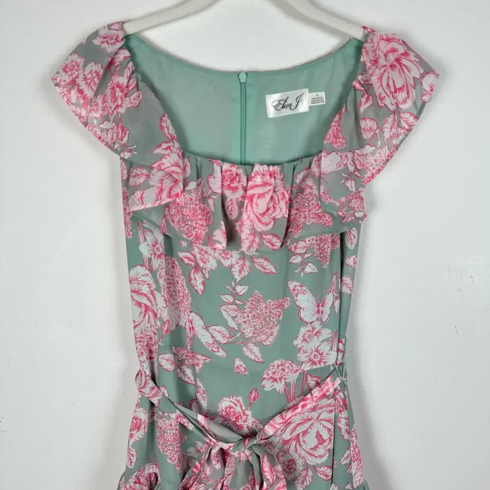 Eliza J Tie Waist Tiered Midi Dress Mint Green Pink Floral Size 4 Wedding Party - Picture 8 of 13